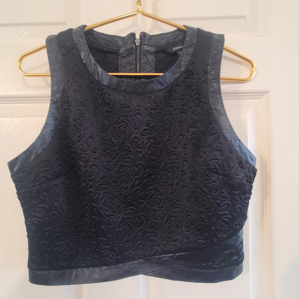 GUESS Black Quilted Floral Crop Tank Top